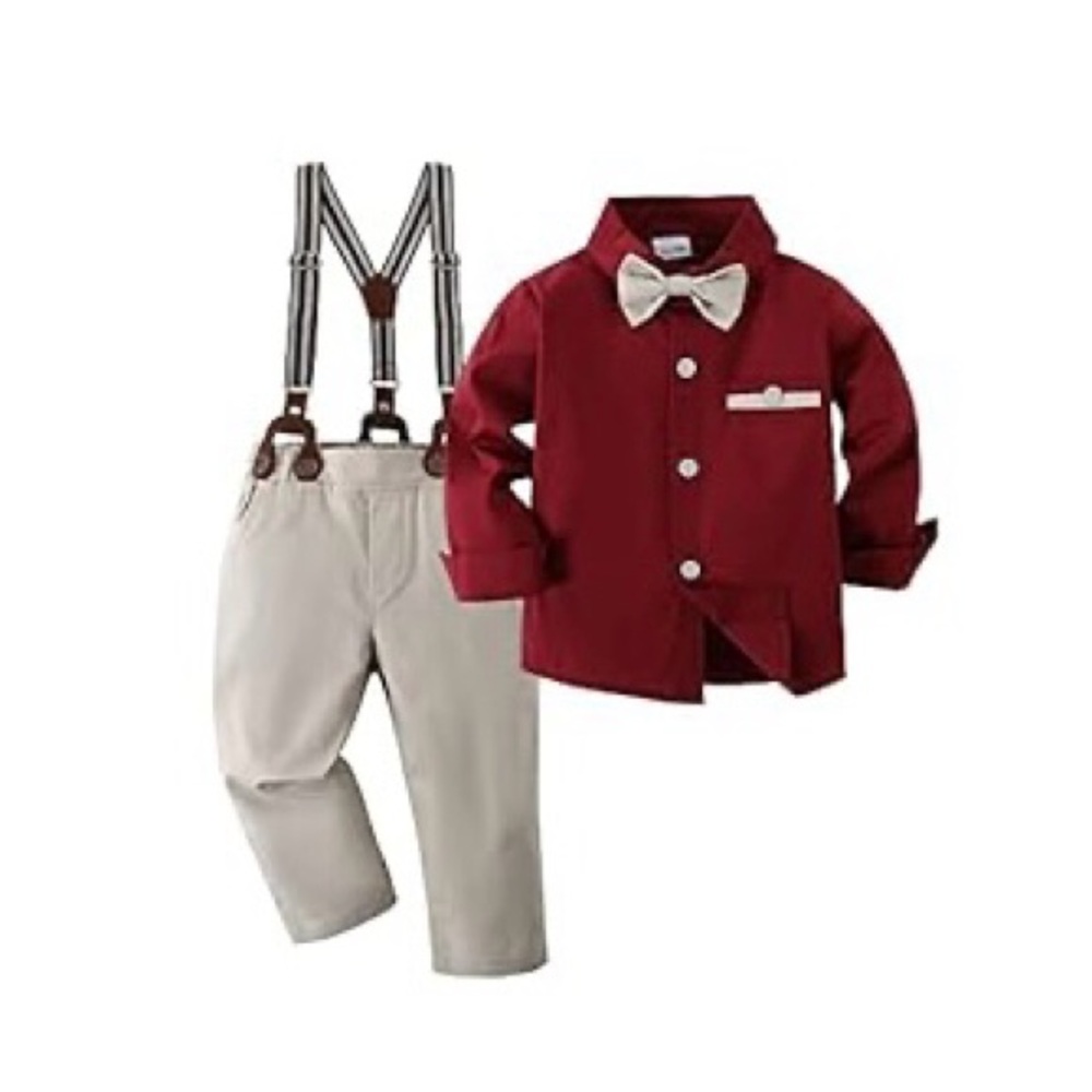 Baby Boy Suits Burgundy/Cream Outfit with Bow Tie Suspenders -Shoes NOT Included